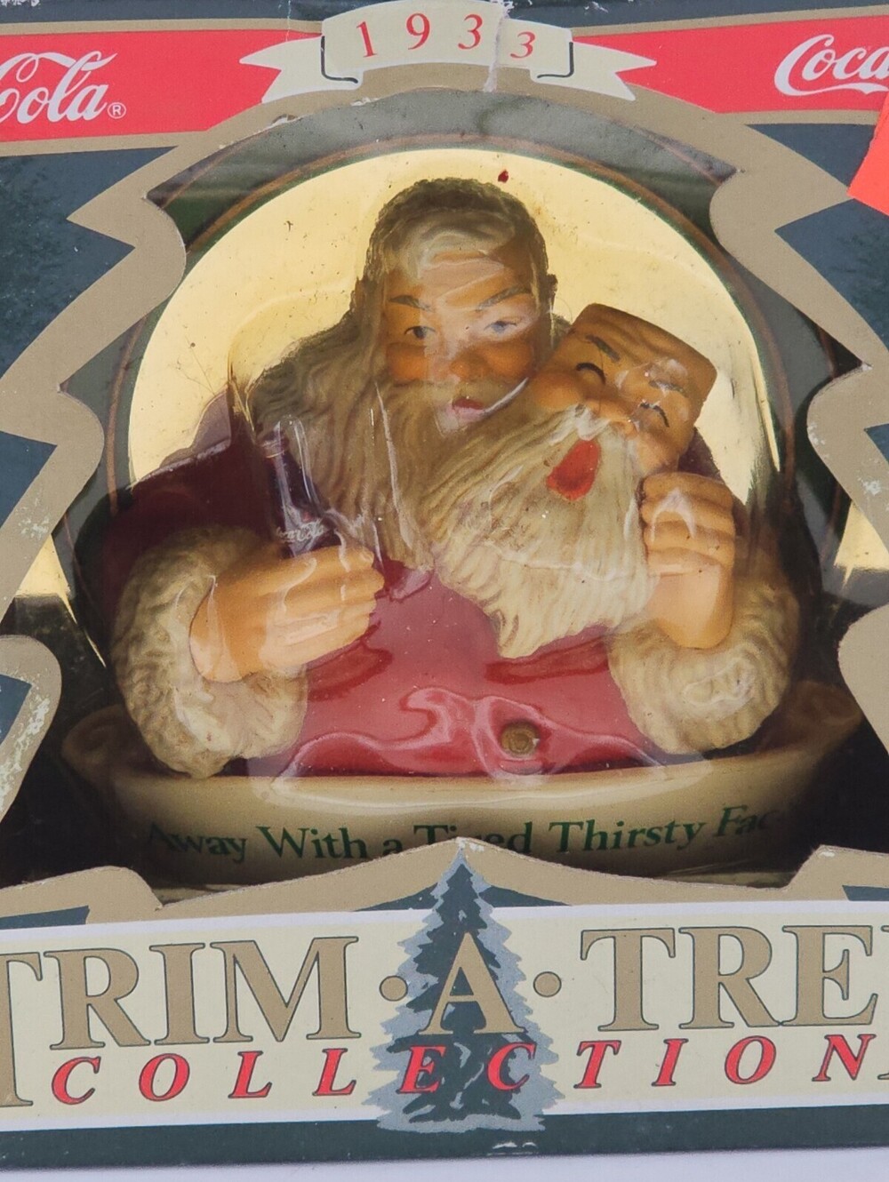 Coca-Cola Trim A Tree Ornament Santa 1933 Away W/ Tired Thirsty Face Box Damage